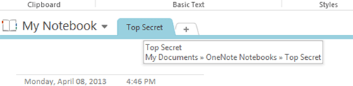 One Note Tab Selected